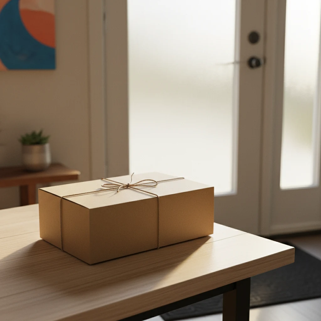 A neatly wrapped kraft parcel on a wooden table near a bright front doorway