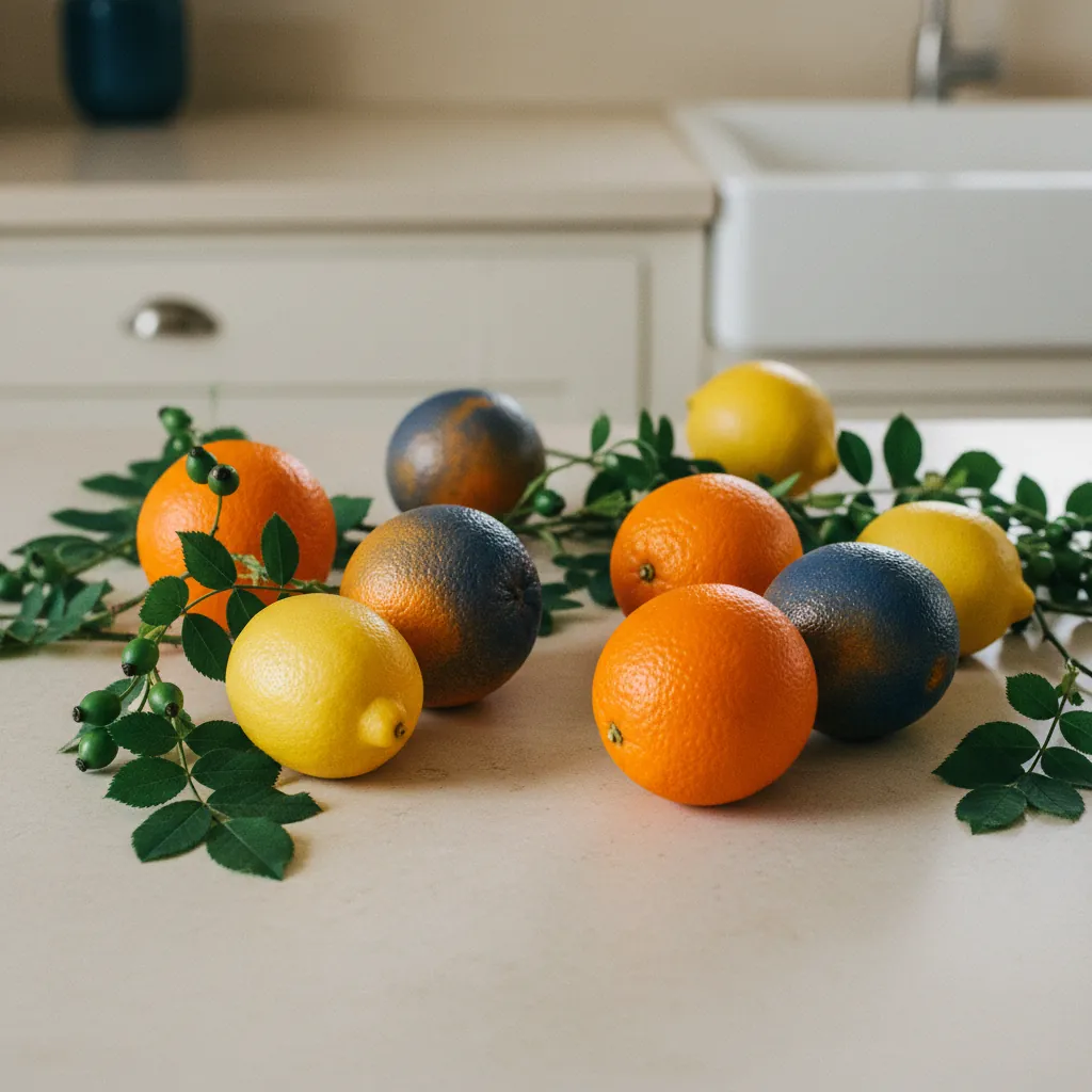Fresh herbs, citrus fruits and green leaves arranged on a light stone surface representing Auriva Longevity ingredients