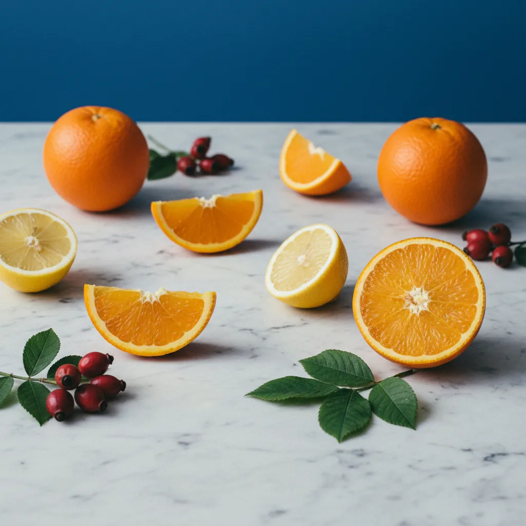 Fresh oranges, lemons and rosehips on a light stone kitchen surface, representing Vitamin C sources