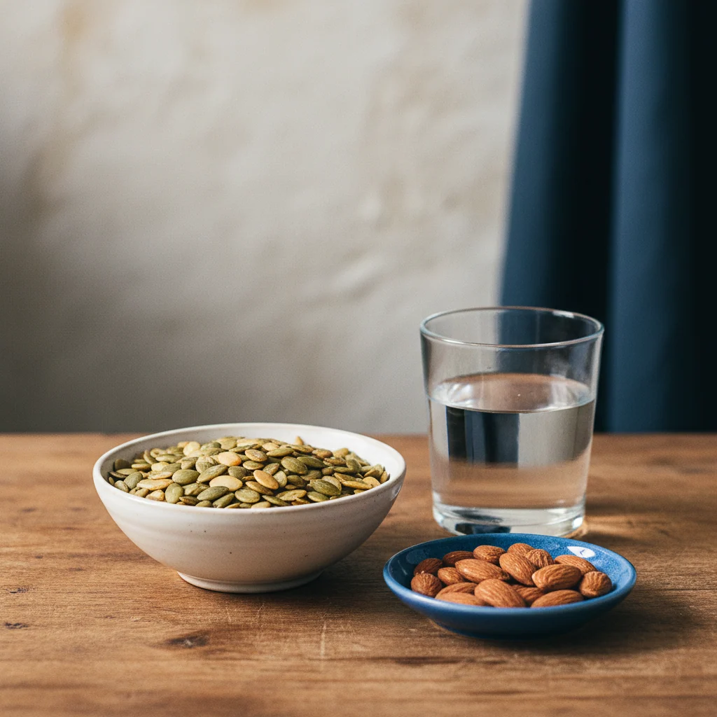 A ceramic bowl of pumpkin seeds and almonds beside a glass of water on a wooden surface, representing Magnesium-rich foods